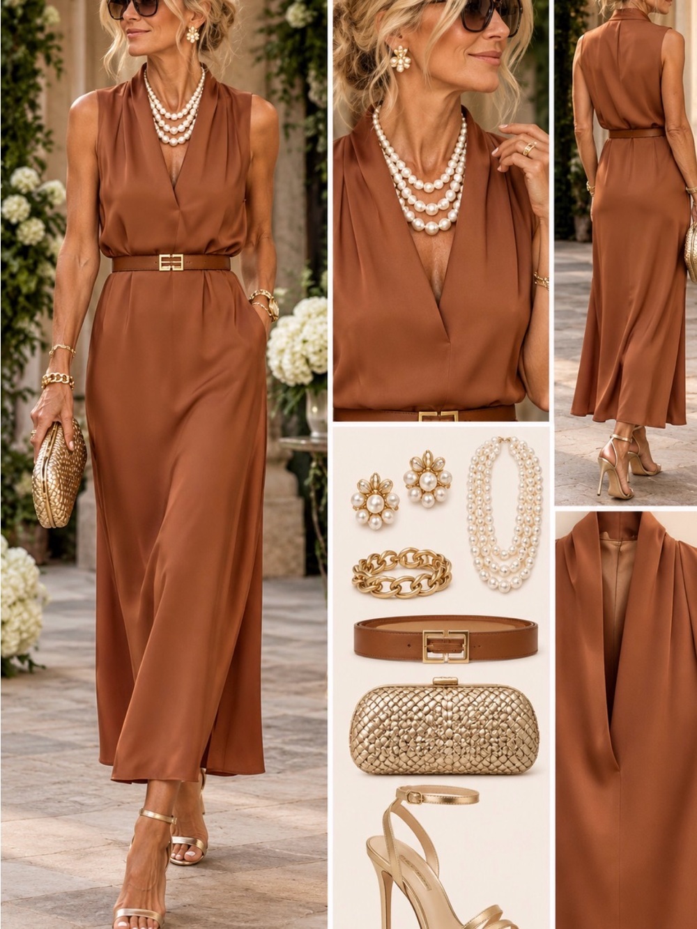 Vince Sleeveless V-Neck Maxi Dress in Cognac Brown